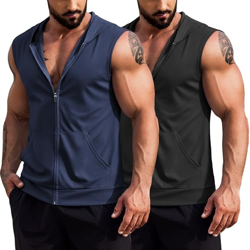 COOFANDY Gym Muscle Tee Cut Off T Shirts Gym Workout Sleeveless Tops for Men Beach Tank Top with Zip Black& Navy Blue XL