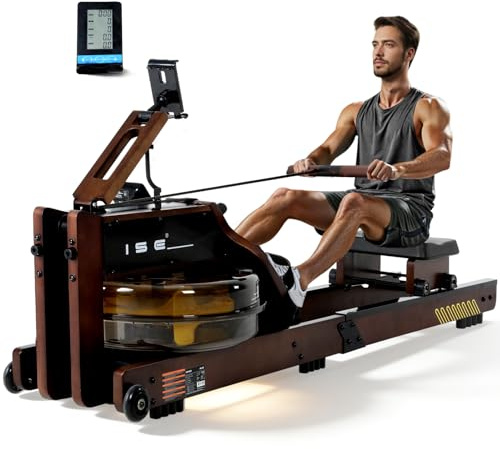 ISE Vatten roddmaskin för hemmet av gummiträd, vattenroddmaskin med LED-display och app, tyst och utrymmesbesparande, premium motionscykel med justerbar surfplattehållare, kan belastas 120 kg