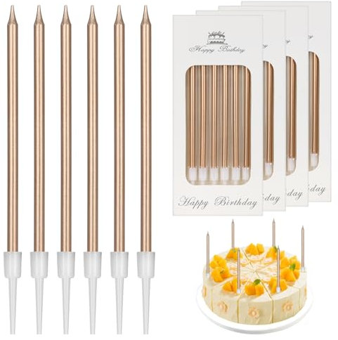 LFBEST 24 Stück Geburtstagskerzen Kuchen, Lange Dünne Cupcake Kerzen für Dekorative Geburtstag Hochzeit Party, Goldene Kerzen, Geburtstagskerzen für Torte, Kerzen Geburtstagskuchen(Champagne)