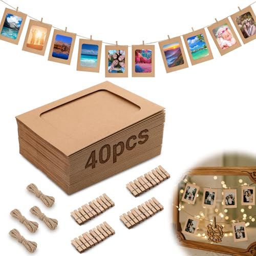 Mbsomnus 40 Stück Papier Bilderrahmen 10x15 cm Fotoleine mit Klammern Fotogirlande Braun mit 40 Stück Holzklammern 4 Stück Hanfseil Karton Fotorahmen 6 Zoll für DIY Geburtstag Hochzeit Party Wand