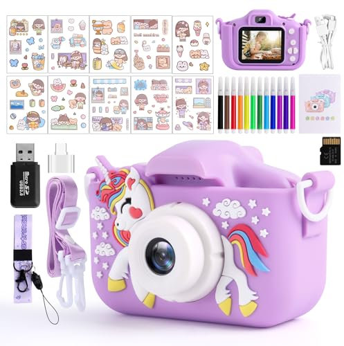 MXTIMWAN Kinderkamera, 1080P 2,0-Zoll-Bildschirm, 32GB SD-Karte, USB Wiederaufladbar, Selfie, für Kinder ab 3 Jahren, Violett