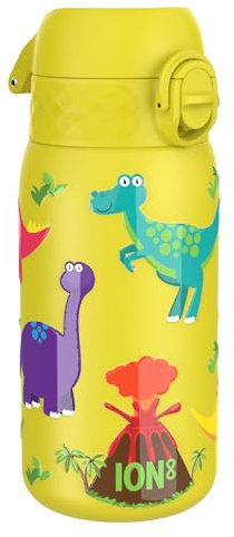 ion8 Kinder Trinkflasche Edelstahl Leicht 400ml Nicht Isoliert Auslaufsicher Einhandöffnung Sichere Verriegelung Spülmaschinenfest Klappdeckel Leicht zu Reinigen, Dinosaurier