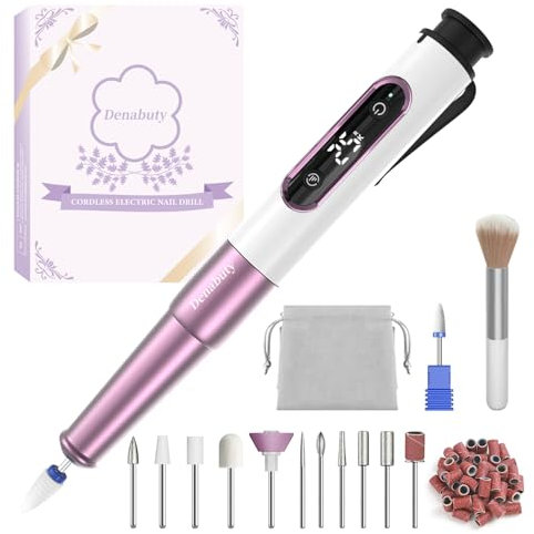 Denabuty Torno para Uñas, Lima Eléctricas Uñas 12 en 1 Profesional 25000 RPM, Nail Drill Machine Recargable con Brocas de Cerámica, Kit de Manicura Pedicura Eléctrico para Gel o Acrilicas Violeta