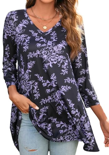 Enmain Túnica Mujer Camiseta Manga Larga Blusas Mujer Tallas Grandes Elegante Manga 3/4 Floral Camisa Tops Cuello V Fiesta Púrpura y Negro, 2XL