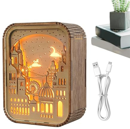 Générique Nattljus, Wooden LED-pussellampa, träskuren bord med ljus och skuggeffekt, kreativt LED-nattljus för sovrum, vardagsrum, studierum och arbetsområde