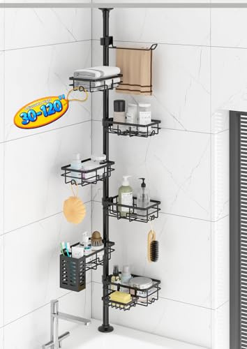 Corner Shower Caddy Organizer Tension Pole, Adjustable 6 Shower Shelves Corner Shelf 30-120Inch Rustproof Shower Rack for Inside Shower, Extra Towel Bar Soap Dish Bathroom Organizers and Storage Black
