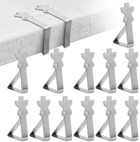 Pince Nappe Exterieur, 12 Pièces Pince pour Nappe de Table Inoxydable Anti-Glissant Attache Nappe Grande Réglable Accroche Nappe pour Jardin Cuisine Bureau Restaurant Mariage Fête (Ange)