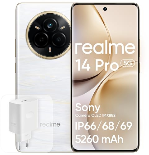 realme 14 Pro 5G, 8 + 256 GB Handy, Chip Dimensity 7300, Kamera Sony IMX882 OIS 50 MP, gebogenes Display 6,77 Zoll 120 Hz, Akku 5260 mAh, wasserdicht IP69, Weiß (mit Adapter)