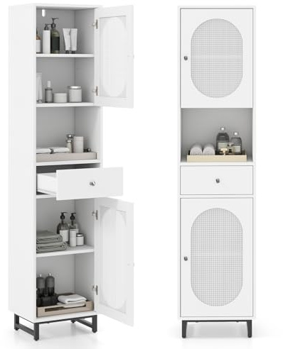 COSTWAY Bathroom Tall Cabinet, Freestanding Storage Cupboard with Rattan Doors, Open/Adjustable Shelves and Drawer, 170cm Tall Narrow Slim Bathroom Unit Floor Cabinet for Living Room Hallway (White)