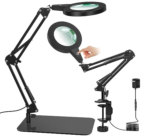 SAVSOO Förstoringsglas med ljus och stativ, touchkontroll, 2-i-1 LED förstoringsgla, skrivbord med stor bas och klämma, 5 färglägen dimbar, lupplampa för hobbyhantverk, svart