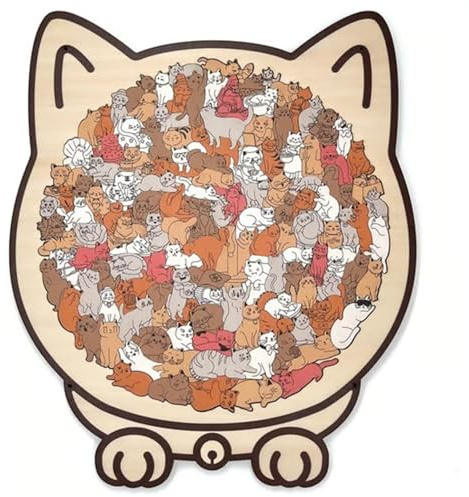 AMZLORD 135-bitars färgat kattpussel, oregelbundet format träkattpussel för heminredning, kreativt kattpussel med skuggram för barn, vuxna, kattälskare