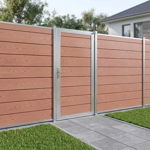 NEU.HOLZ Cancello da Giardino Pedonale 90x180 cm con Serratura e Chiavi Porta per Recinzione Esterna con Telaio in Alluminio e Pannelli in WPC - Marrone