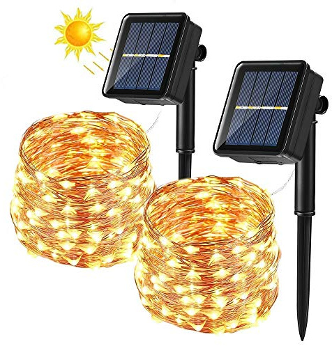 BrizLabs [2 Stück] Solar Lichterkette Aussen, 14M 120 LED Außen Lichterkette Kupferdraht Solarlichterkette Warmweiß Wasserdicht 8 Modi für Weihnachten, Garten, Balkon, Hochzeit, Terrasse, Party Deko