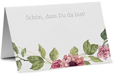 Partycards Tischkarten Geburtstag und Hochzeit mit 'Schön dass du da bist' Aufdruck, 50 St., Format DIN A7, bereits genutet, Blumen Motiv, als Namensschilder, Konfirmation und Platzkarten