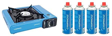 Camp Bistro 2 Campingaz con 4 cartuchos CP250, hornillo de gas portátil para camping y fiestas