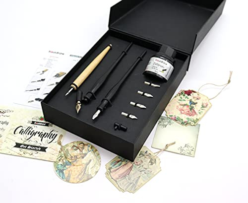 Liquidraw Calligraphy Pens Set | Contains 1 x 35 ml Black Ink, 3 x Holders, 7 x Calligraphy Nibs & 6 x Cards & Tags | Beautiful Gift Set For Artists, Beginners, Adults & Kids In Presentation Box