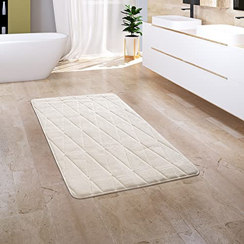 Paco Home Badezimmerteppich Badematte Badteppich Badvorleger Duschvorleger Waschbar Flauschig Memory Foam 3D Effekt, Grösse:65x120 cm, Farbe:Creme 4