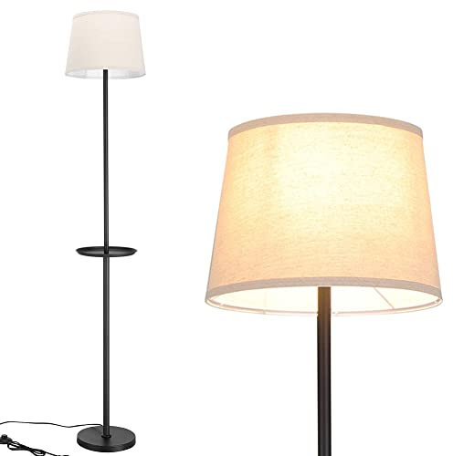 BAKAJI Lampada Piantana da Terra Luce Lampadina E27 Max 60W Base Rotonda Struttura in Metallo Paralume in Tessuto Design Moderno Accensione a Pedale Altezza 174 cm (Nero con Tavolino)