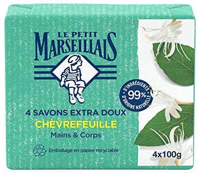 Le Petit Marseillais | Savon Extra Doux Chèvrefeuille (4 pains de 100 g) – Savon solide mains & corps avec 99 % d'ingrédients d'origine naturelle – Emballage en papier recyclable