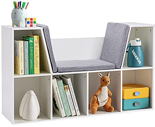 HOMCOM Kinderregal Bücherregal mit Sitzhocker Kindersitzbank mit 6 Fächern Sitztruhe mit 3 Kissen Spielzeugkiste ab 3 Jahren Weiß+Grau 103 x 30 x 62 cm