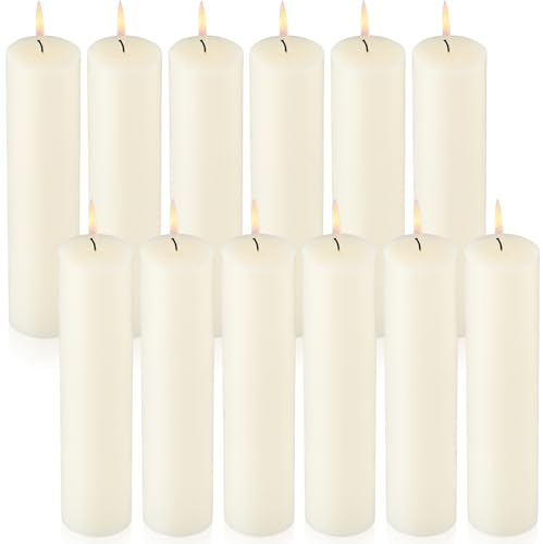 Lounsweer 12 Pack Ivory Pillar Candles Bulk Large Unscented Paraffin Wax Long Lasting Candles Clean Burning Supplies for Home Decor Wedding Party Dinner Bath Spa(2 x 8 Inch)