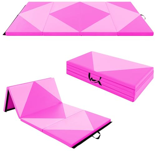 Goplus 8' x 4' x 2 Gymnastics Mat, Folding Tumbling Mat with Carry Handles, Hook & Loop Fasteners, 4 Panels for Fitness Exercise Yoga Stretching Aerobics Workouts, Thick Gym Mats for Home (Pink&Rose)