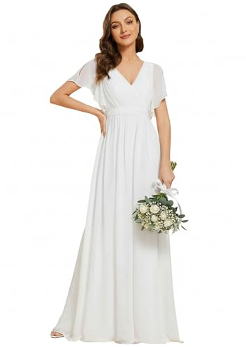 Ever-Pretty Vestido de Noche Largo para Mujer Cuello en V Manga Corta Corte Imperio Plisado Elegantes Blanco 56