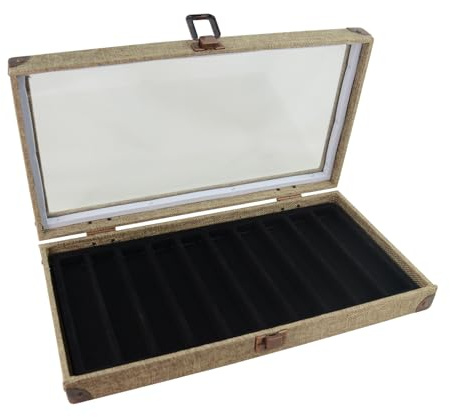 Box Displays Expositores de caja de arpillera con tapa de vidrio y esquinas de latón y cierre con opción de inserto de compartimento (negro, estuche con 10 compartimentos para pulsera)
