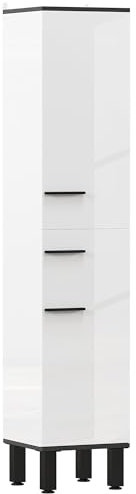 HOMCOM Columna de Baño Armario Alto de Baño con Cajón 2 Puertas y Estantes Ajustable Mueble Auxiliar de Baño Moderno Anti-vuelco 34x32x170 cm Blanco