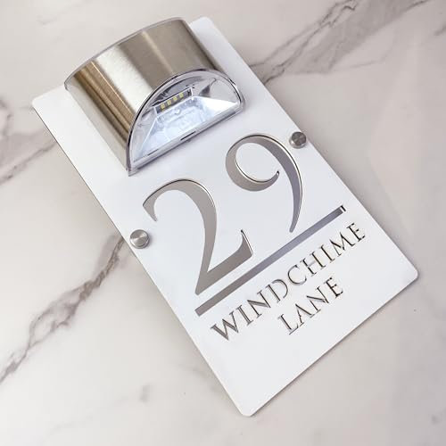 Personalised Solar LED House Number Sign – Custom Illuminated Door Plaque with Laser Engraving – Waterproof Acrylic Address Plate – Auto ON at Night for Home Wall, Fence or Gate (White silver)