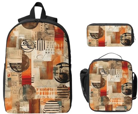 Vintage Newspaper Backpack Set for Girls Boys with Lunch Bag Pencil Case Retro Magazine 3 Pieces School Bags Insulated Lunchbox Gifts for Women Men