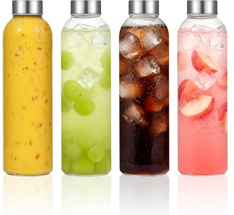 4 Pack Glass Juice Bottles with Lids 500ml, Reusable Clear Glass Water Bottles with Stainless Steel Airtight Cap Leak Proof for Refrigerator Homemade Beverage, Hot Cold Drinks, Milk, Smoothies