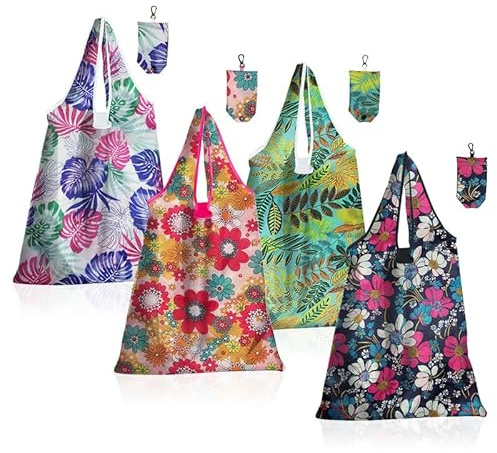 HMCEY 4 Pezzi Borse Spesa Pieghevole,Borsa Shopper Riutilizzabile,Foldable Shopping Bag,Sacchetti Spesa Pieghevoli,Sacchetti Della Spese,Borse A Mano Portatile per La Spese Quotidiana, Viaggi