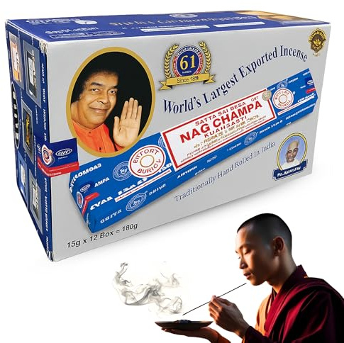 Varillas de Incienso, Incienso Nag Champa, Original Enrollado a Mano de la India, meditación y relajación, Contiene 12 Cajas de Varillas de 15 g (180 Varillas en Total)