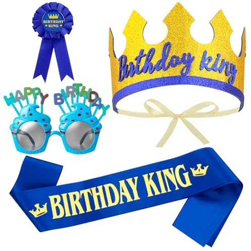 4 Pcs Birthday Decoration for Kids with King Sash Tiara Badge Glasses