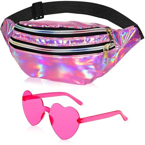 Accessori Anni '80 '90, Marsupio Olografico, con Occhiali a Forma di Cuore, Marsupio Glitterato, Borsa per Feste a Tema 90, Accessori Costume Anni 80s 90s per Festival, Carnevale, Party (Rosa)