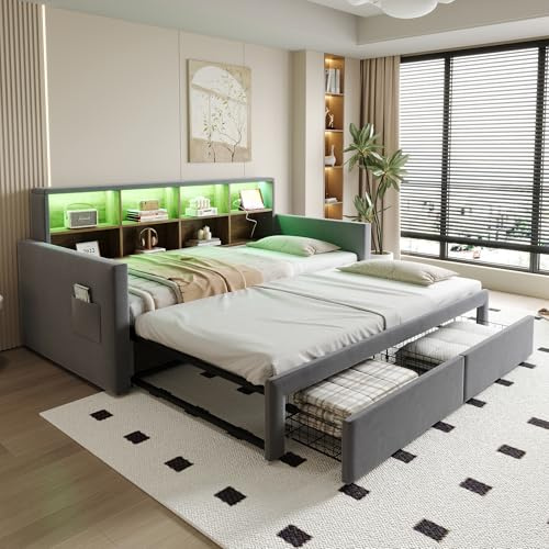 Cama acolchada extensible 90/180 x 190 cm, sofá cama, cabecero con compartimentos de almacenamiento integrados, barra de luz LED y enchufes de carga, marco de cama con dos cajones y somier, tela de