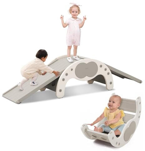 Warmiehomy Toddler Slide, 3in1 Montessori Toddler Climbing Frame, Multi Indoor Climber Playset with Slide & Rocker, Kids Activity Climbing Slide Toy for Indoor Outdoor Garden Playground, Grey