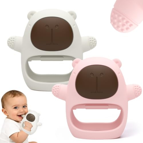 2 Pack Baby Teething Mitten Toys, Silicone Teethers for Babies 3+ Months | BPA Free, Easy Grip Handle, Textured, For Boys Girls，Capybara Design