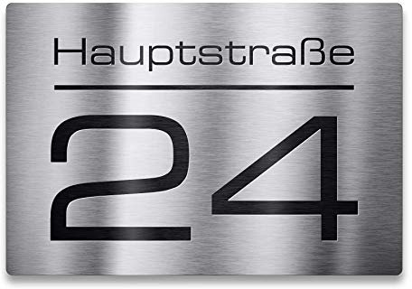 Metzler Edelstahl Hausnummer - Hausnummernschild mit Gravur Straßenname, Name und Wunsch-Nummer - V2A Edelstahl - UV-beständig - Größe: 160 x 110 mm