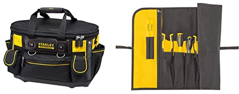 Stanley FatMax Werkzeugtasche/Werkzeugbeutel (50x33x31cm, mit runder Öffnung, formstabile Konstruktion) & Rolltasche (64 x 39 x 2 cm, robustes 600 x 600 Denier Cordura-Nylon, 12 Fächer)