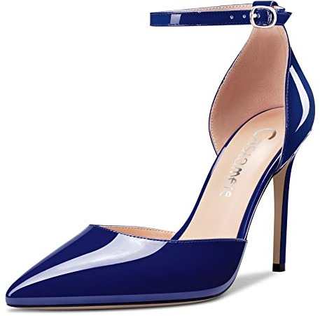 Castamere Femmes Aiguille Haut High Talon Heel Pointu Bout Lanières Cheville Two-Piece Dress Escarpins Slip-on Boucle Mariage Party 10 CM Heels Bleu Marin 40 EU