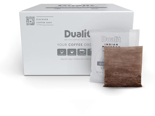 50 Premium Indian Monsoon Coffee Bags by Dualit - Compostable Coffee Bag with Recyclable Sachet For Easy, Mess Free Coffee On The Go - Individually Wrapped for Freshness - Indian Monsoon