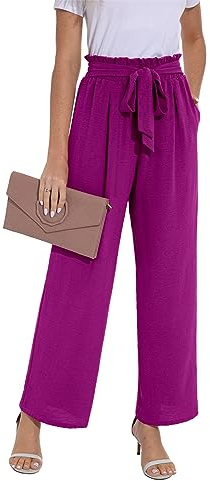 PrinStory Trousers Women Wide Leg Work Trousers Women Lightweight Causal Elastic Waist Ladies Trousers with Pockets (Magenta, S)