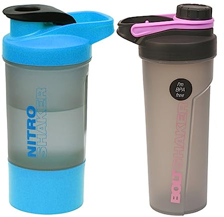 Set of 2 – Pink Bolt Shaker + Blue Nitro Shaker - 600ml with 700ml Steel Wire Whisk Ball, Measuring Guide, Flip/Screw Cap and Detachable Jar Spill Proof Protein Shaker Ideal for Sport Fitness Gym