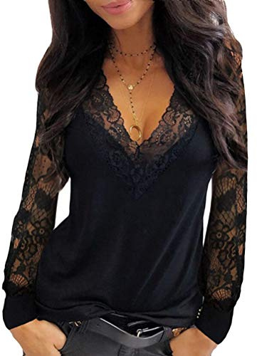 Onsoyours Bluse Donna Eleganti Scollo A V Manica Lunga Camicia Patchwork in Pizzo Magliette Loose Chiffon Camicette Tops Casuale T-Shirt Tinta Unita Camicetta