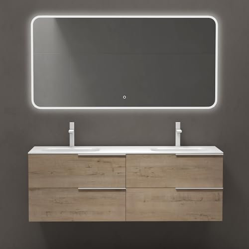 doporro Meuble de Salle de Bains 144 cm avec Double Lavabo Ensemble de 2 Pièces Vasque et Meuble sous Vasque Chêne Clair Design Vanessa