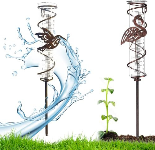 Nizirioo Garten Regenmesser Glas Niederschlagsmesser Regenmesswerkzeuge Regenmesser Litermesser Regenmesser Metall Vogel Pflanzenstecker mit Klarer Skala Regenmengenmesser für Garten, Rasen, Terrasse