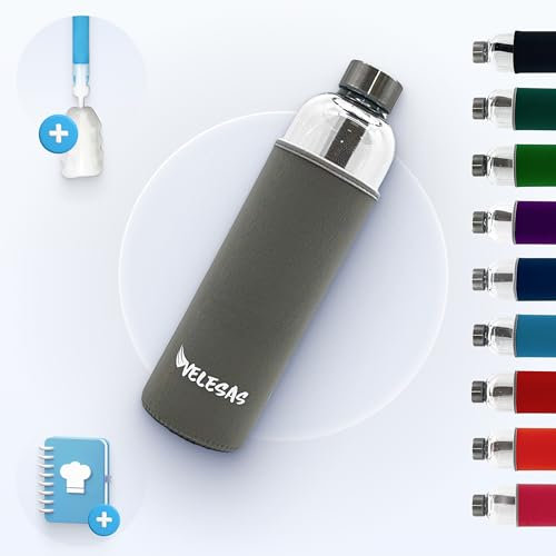 Velesas® Trinkflasche 1l | 500ml mit Schutzhülle | Glasflasche 1l spülmaschinenfest mit Neoprenhülle und Edelstahldeckel | Wasserflasche für Schule, Arbeit, Fitnesssport, BPA-Frei | Grau