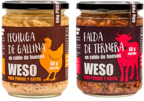 ANIMALUJOS - Comida Húmeda Natural para Perros y Gatos – Pack Pechuga de Gallina + Falda de Ternera en Caldo de Huesos – 2 x 400 g – Complemento Nutricional sin Aditivos - WESO